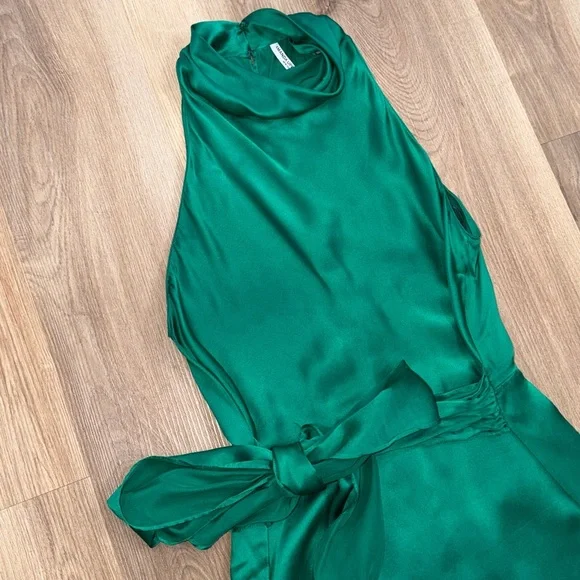 Amanda Uprichard Sandrine Mini Dress in Dark Emerald Green 100% Silk Tie Waist - Picture 9 of 15